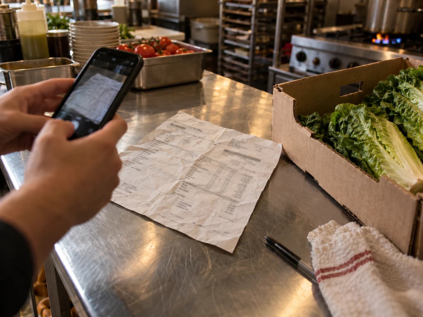 A crumpled supplier invoice on a steel prep counter being photographed with a phone, beside a case of romaine