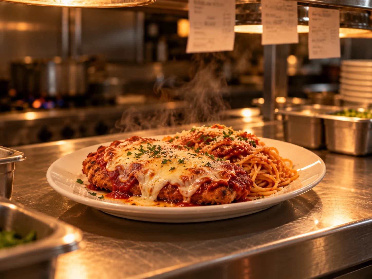 A plated chicken parm with spaghetti under the heat lamps on the pass