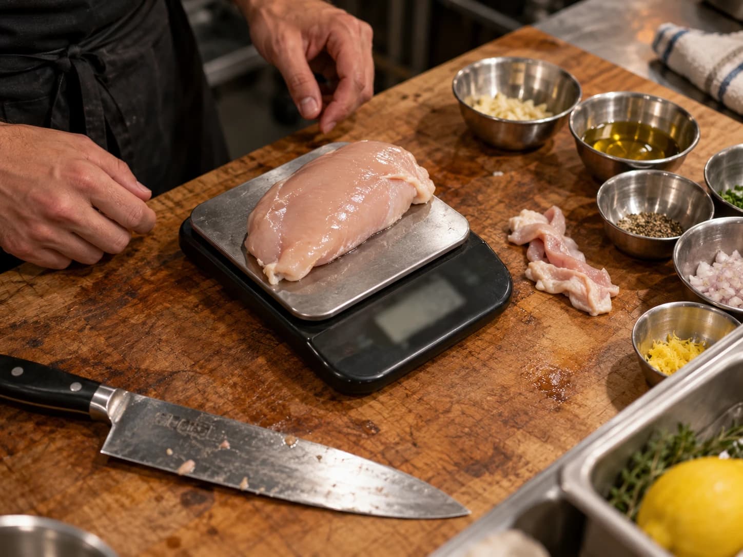 A boneless chicken breast being weighed on a kitchen scale, with portioned ingredients in small steel bowls